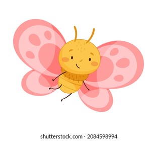 Adorable baby butterfly with pink wings and smiling face cartoon vector illustration