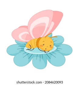 Adorable baby butterfly with pink wings sleeping in flower cartoon vector illustration