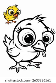 An adorable baby chick with large, expressive eyes, presented as a black and white outline for coloring, with a smaller, colored example of the same chick peeking from the top left.