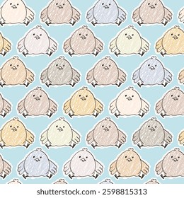 Adorable baby chicks on a blue background. Seamless pattern for paper, fabric, textile. Vector illustration in the style of a children's coloring book.