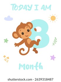 Adorable baby chimpanzee marks growth at month eight in a whimsical pastel scene with sun clouds and leafy accents celebrating infant development in a playful style