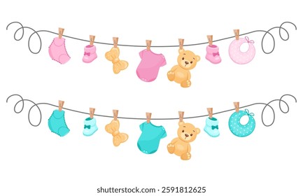 Adorable baby clothes and accessories hanging on a clothesline. Perfect for creating baby shower invitations, cards, and other baby-themed designs. Vector illustration