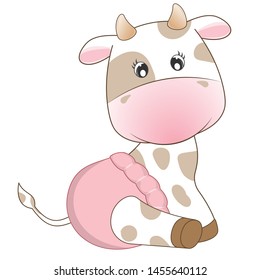 Adorable baby Cow in a diaper cute smiling. Graphic element for print design, greeting card, poster and t-shirt. Vector illustration.