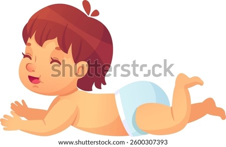 Adorable baby crawling on its belly, wearing a diaper, smiling and showing joy and happiness, enjoying its childhood and exploring the world