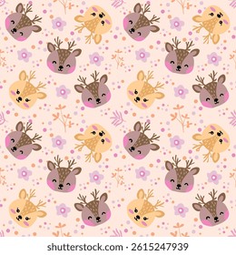 Adorable Baby Deer Faces with Purple Flowers on Light Pink Fabric, Cute Cartoon Fawn Pattern Textile for Nursery and Children's Decor, Whimsical Animal Print Design