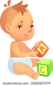Adorable baby in diaper sitting and playing with colorful alphabet blocks, promoting early childhood education and development through play