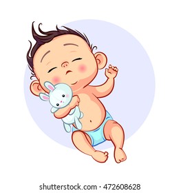 Adorable baby in diaper sleeping peacefully on back and hugging bunny stuffed toy. Wonderful illustration for magazine articles, baby shower cards or banner.