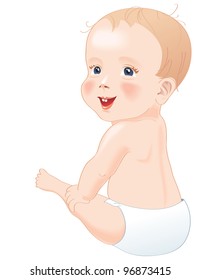 Bebé adorable en pañales sonriendo, sentado de vuelta a la cámara con la cabeza volteada, aislado sobre blanco. Ilustración del vector