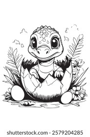 An adorable baby dinosaur emerging from its egg surrounded by a lush prehistoric jungle. Perfect for kids' coloring books, educational materials, and dinosaur-themed party decorations