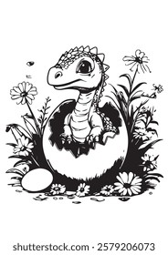 An adorable baby dinosaur peeking out of its eggshell, surrounded by a field of flowers and lush prehistoric plants. 