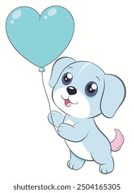 Perro adorable del bebé que sostiene el globo en forma de corazón con los ojos grandes y la piel suave en colores pastel para los niños