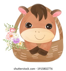 Adorable baby donkey in watercolor illustration