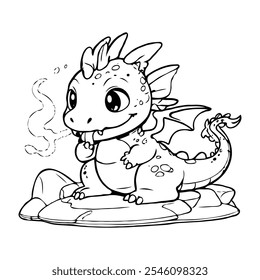 An adorable baby dragon with chubby cheeks and a little flame, sitting on a rock, perfect for children’s coloring books.