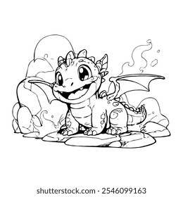 An adorable baby dragon with chubby cheeks and a little flame, sitting on a rock, perfect for children’s coloring books.