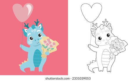 Adorable baby dragon coloring page. Coloring baby dragon brings a bucket of flowers and heart balloon. Cute dragon vector illustration. Coloring activity for children. Printable coloring page. 