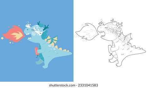 Adorable página de coloración de dragones para bebés. Llorando un bebé dragón y escupiendo un fuego que sufre de especias calientes. Ilustración vectorial de dragón. La coloración de los niños. Página de coloreado imprimible. 