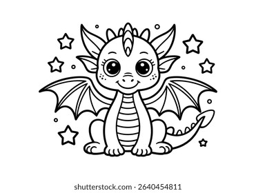 Adorable Baby Dragon Coloring Page for Kids with Stars and Wings

