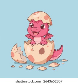 Adorable baby dragon hatching from a spotted egg, set against a light blue background.