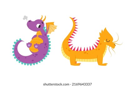 Adorable baby dragons set. Cute little dinosaurs, fairytale creatures cartoon vector illustration