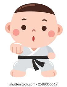 An adorable baby dressed in a white karate gi with a black belt, performing a martial arts punch