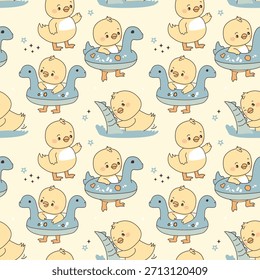 Adorable Baby Duck Seamless Pattern, Summer Pool Float, Cute Kids Illustration