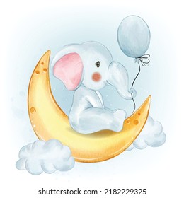 Adorable Baby Elephant with Balloon on the Crescent Watercolor