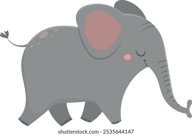 Adorable baby elephant cartoon character walking peacefully with closed eyes and a gentle smile, conveying a sense of happiness and tranquility