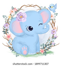 Adorable baby elephant in the garden illustration