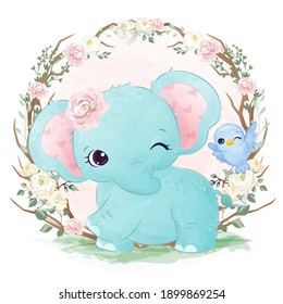 Adorable baby elephant in the garden illustration