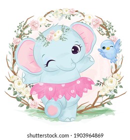 Adorable baby elephant in the garden illustration