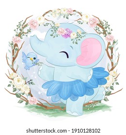 Adorable baby elephant in the garden illustration