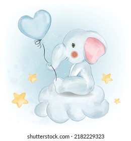 Adorable Baby Elephant Holding Heart Shape Balloon Watercolor