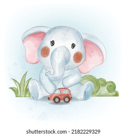 Adorable Baby Elephant Playing with Car Toys Watercolor