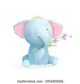 Un elefante bebé adorable, sentado con una flor en el tronco. Niños y mascotas infantiles para niños y niñas, animales bebés adorables arte de guardería. Diseño de vectores en acuarela.