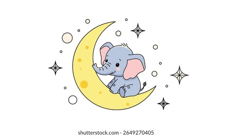 Adorable Baby Elephant Sitting on a Crescent Moon Surrounded by Stars and Sparkles a Whimsical Night Sky Scene