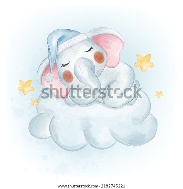 Adorable Baby Elephant Sleeping On Cloud Stock Vector (Royalty Free ...