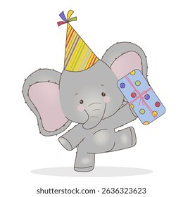 Adorable baby elephant wearing a colorful party hat standing on one leg holding a colorful gift. This adorable vector illustration is perfect for birthday party theme and party decoration.