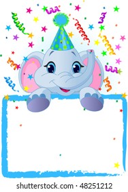 Adorable Baby Elephant Wearing A Party Hat, Looking Over A Blank Starry Sign With Colorful Confetti