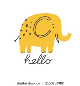 Adorable baby elephant with words Hello in Scandinavian style. Vector illustration.