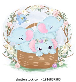 Adorable baby elephants in the garden illustration