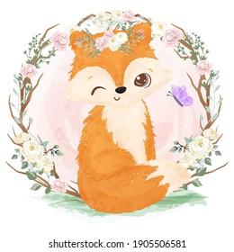 Adorable baby fox in the garden illustration