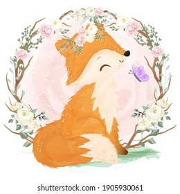 Adorable baby fox in the garden illustration