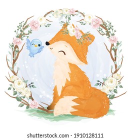 Adorable baby fox in the garden illustration