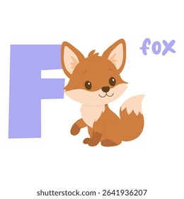 Adorable baby fox sits near big letter F in soft colors for alphabet learning activities.