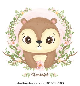 Adorable baby fox watercolor illustration