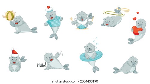 Adorable baby fur seal in daily routine set. Funny arctic animal character cartoon vector illustration