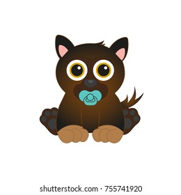 adorable baby german shepherd puppy dog sitting down on the floor with its brown paws on front wearing a light turquoise pacifier looking cute perfect logo brand pet animal 