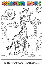 Adorable baby giraffe with bow on head standing in african savanna landscape with smiling sun, clouds, palm tree, and rocks, a coloring book page for kids.