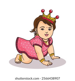 Adorable Baby Girl in a Crown Crawling Illustration.