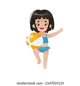 Adorable Baby Girl Jumping With Beach Ball. Cute Asian Girl Playing With Inflatable Ball On Summer Vacations.